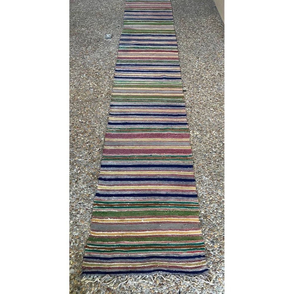NOS Vintage 1940-50s Handmade Braided Wool Runner 21.5x134" Multi-Color MCM‎